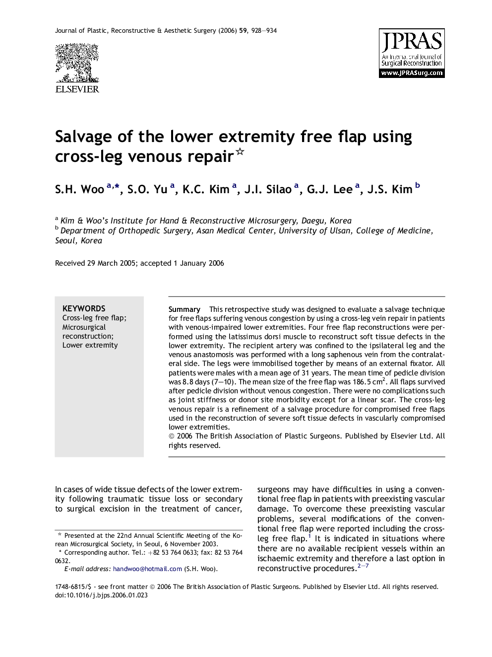 Salvage of the lower extremity free flap using cross-leg venous repair 