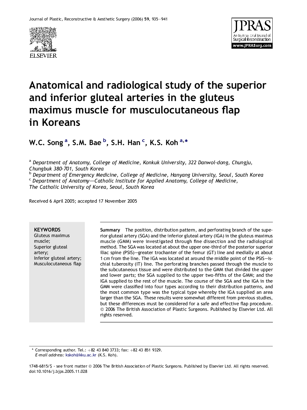 Anatomical and radiological study of the superior and inferior gluteal arteries in the gluteus maximus muscle for musculocutaneous flap in Koreans