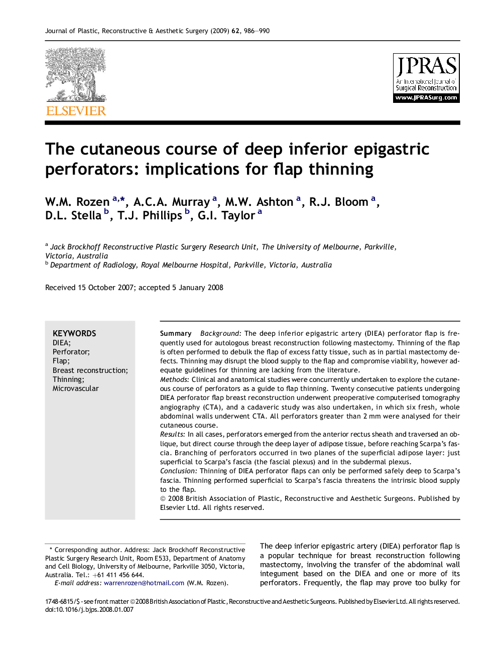 The cutaneous course of deep inferior epigastric perforators: implications for flap thinning