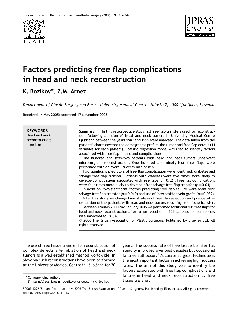 Factors predicting free flap complications in head and neck reconstruction