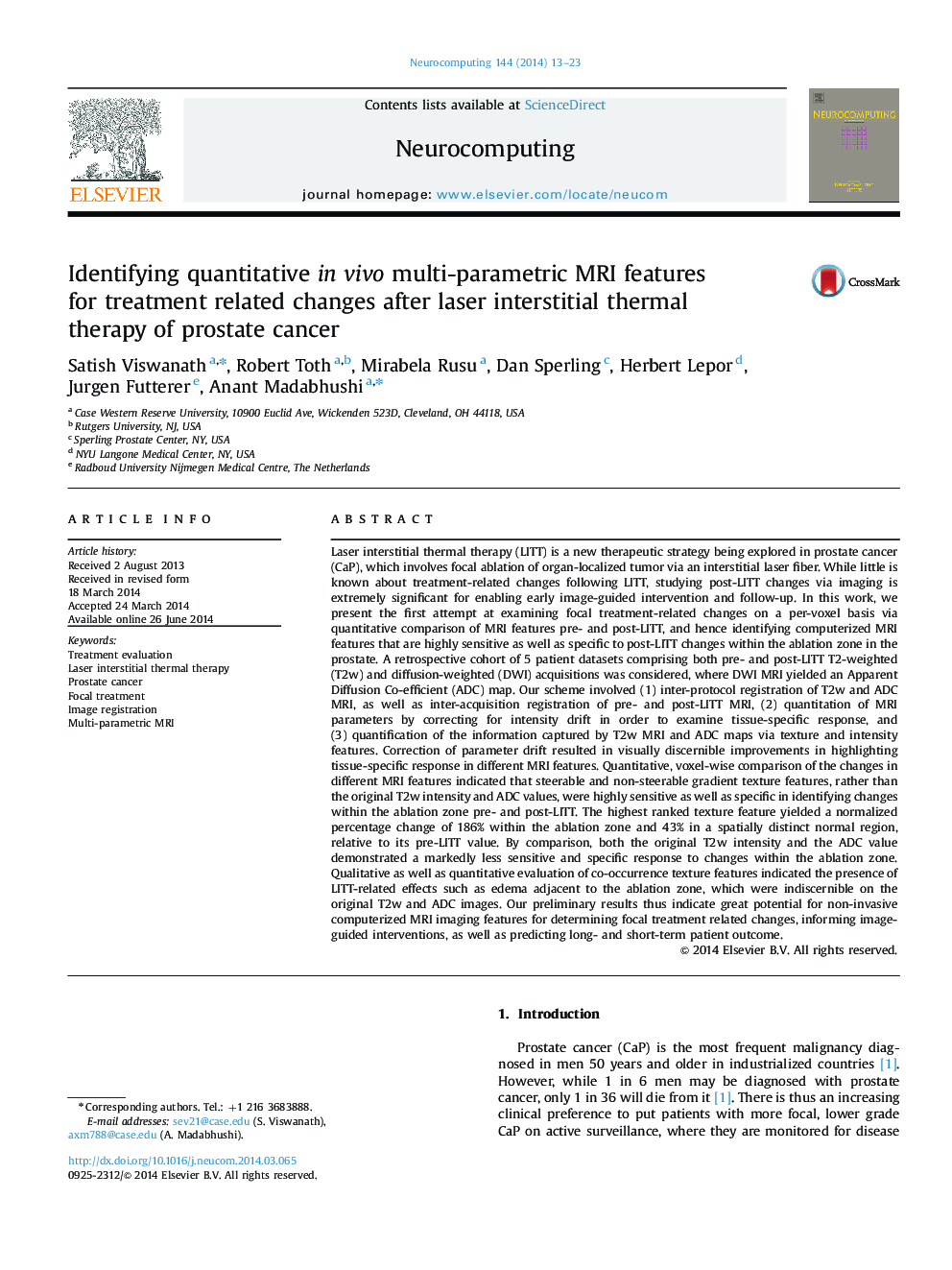 Identifying quantitative in vivo multi-parametric MRI features for treatment related changes after laser interstitial thermal therapy of prostate cancer