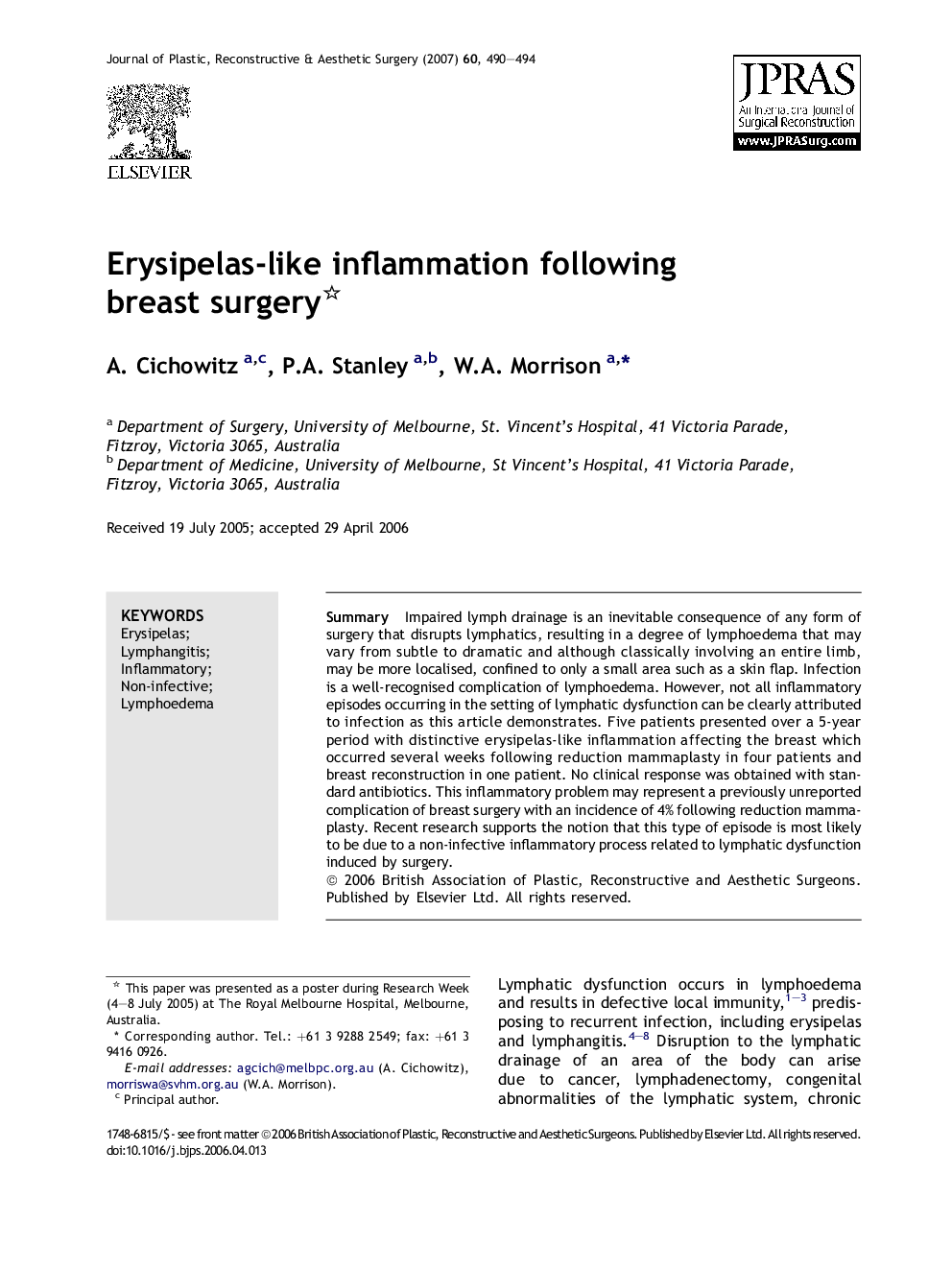 Erysipelas-like inflammation following breast surgery 