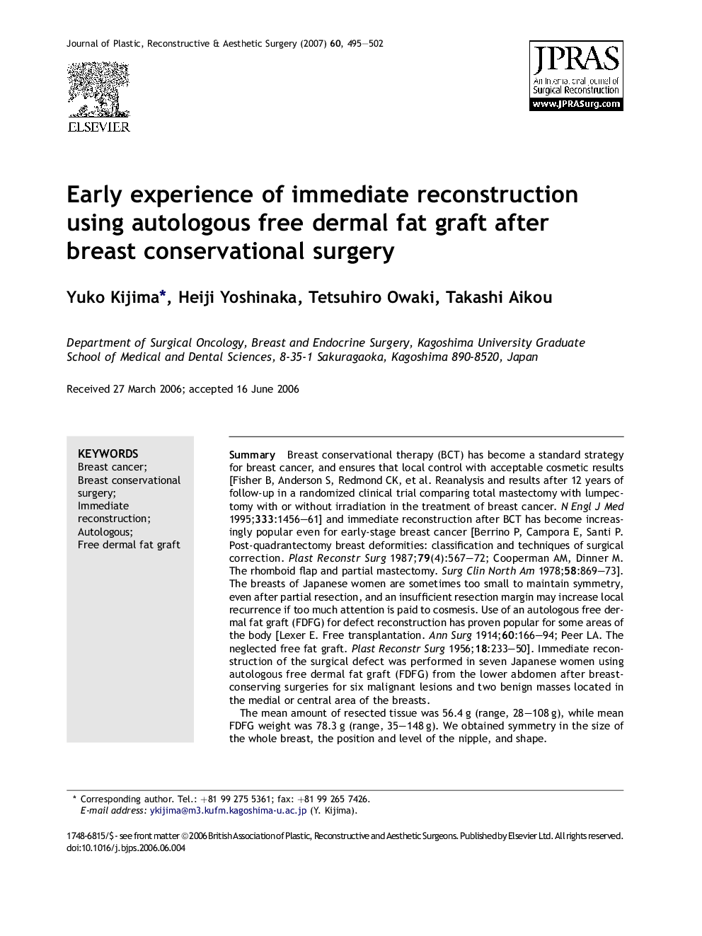 Early experience of immediate reconstruction using autologous free dermal fat graft after breast conservational surgery