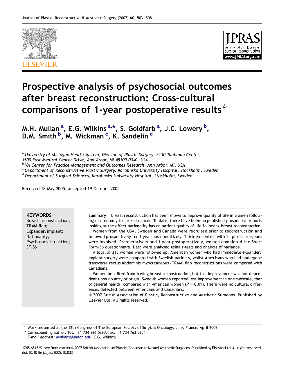 Prospective analysis of psychosocial outcomes after breast reconstruction: Cross-cultural comparisons of 1-year postoperative results 