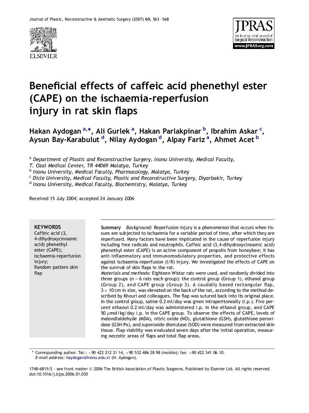 Beneficial effects of caffeic acid phenethyl ester (CAPE) on the ischaemia-reperfusion injury in rat skin flaps