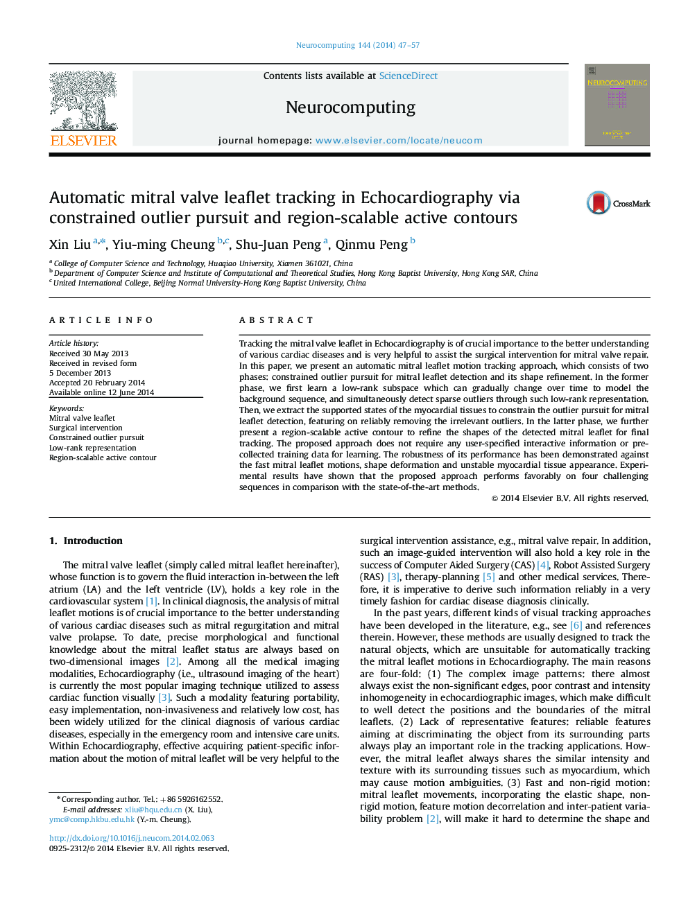 Automatic mitral valve leaflet tracking in Echocardiography via constrained outlier pursuit and region-scalable active contours