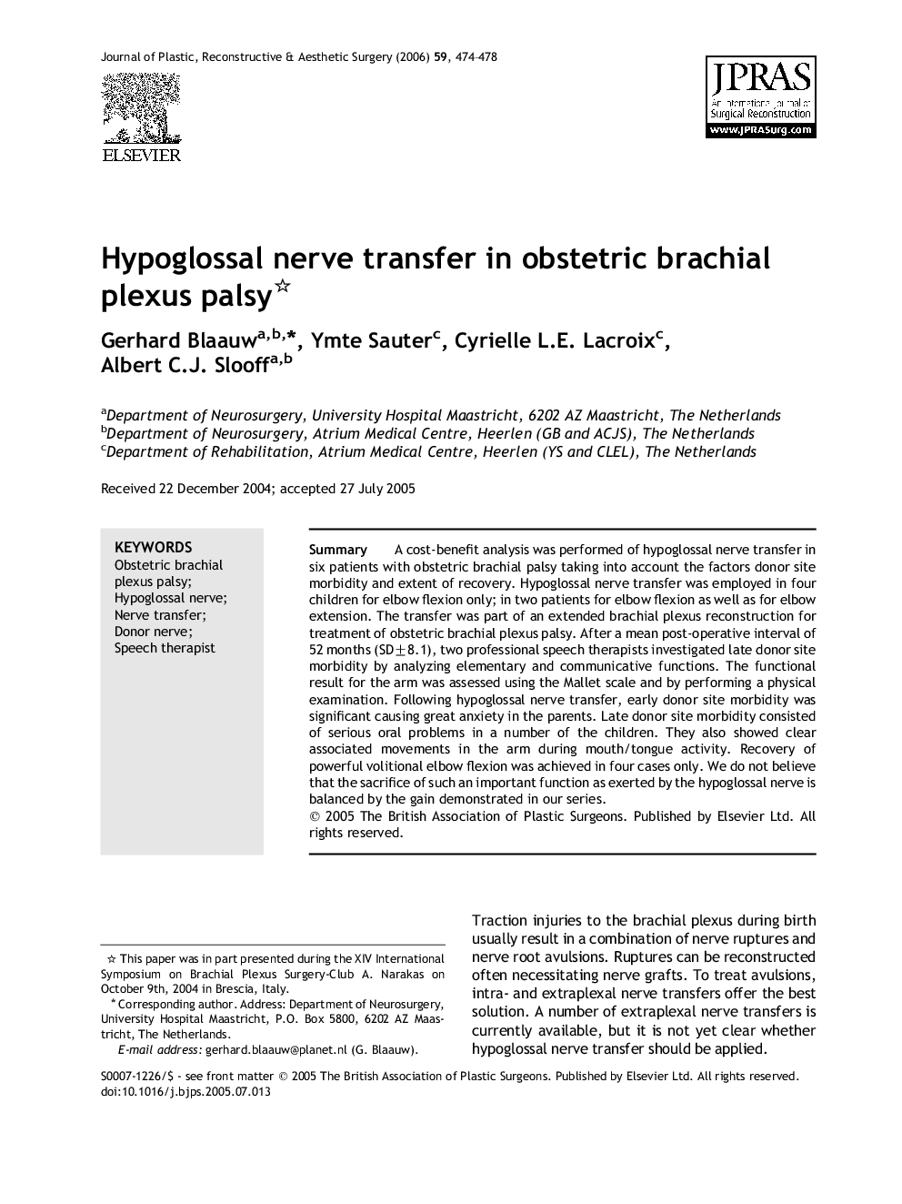 Hypoglossal nerve transfer in obstetric brachial plexus palsy