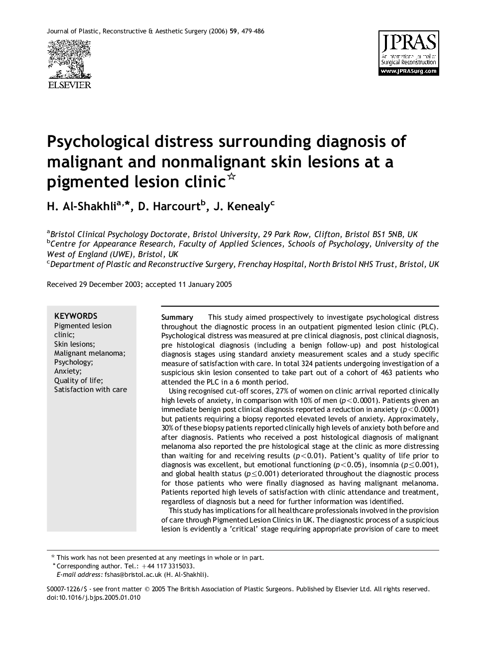 Psychological distress surrounding diagnosis of malignant and nonmalignant skin lesions at a pigmented lesion clinic 