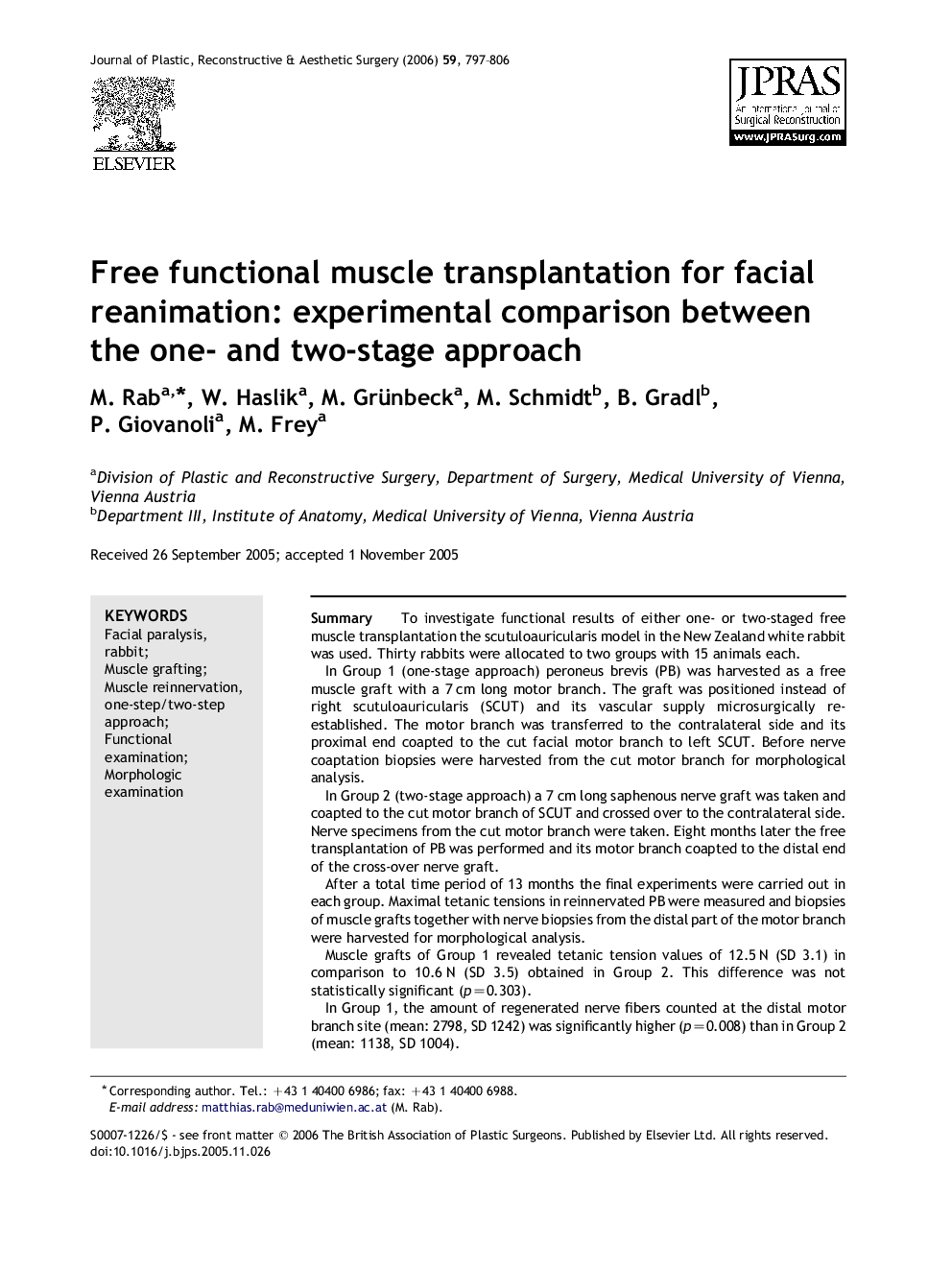 Free functional muscle transplantation for facial reanimation: experimental comparison between the one- and two-stage approach