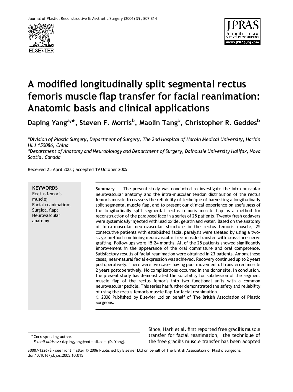 A modified longitudinally split segmental rectus femoris muscle flap transfer for facial reanimation: Anatomic basis and clinical applications