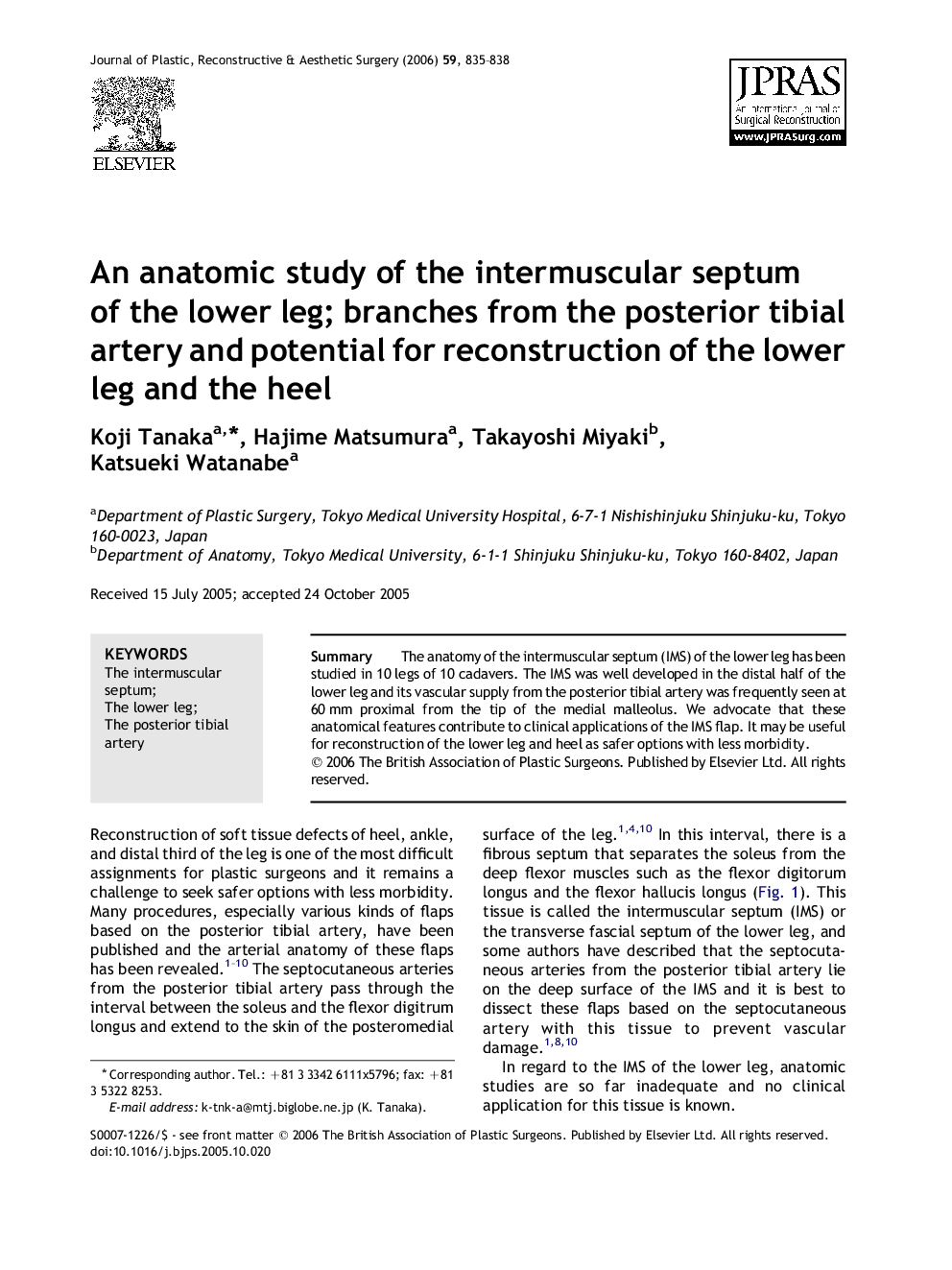 An anatomic study of the intermuscular septum of the lower leg; branches from the posterior tibial artery and potential for reconstruction of the lower leg and the heel