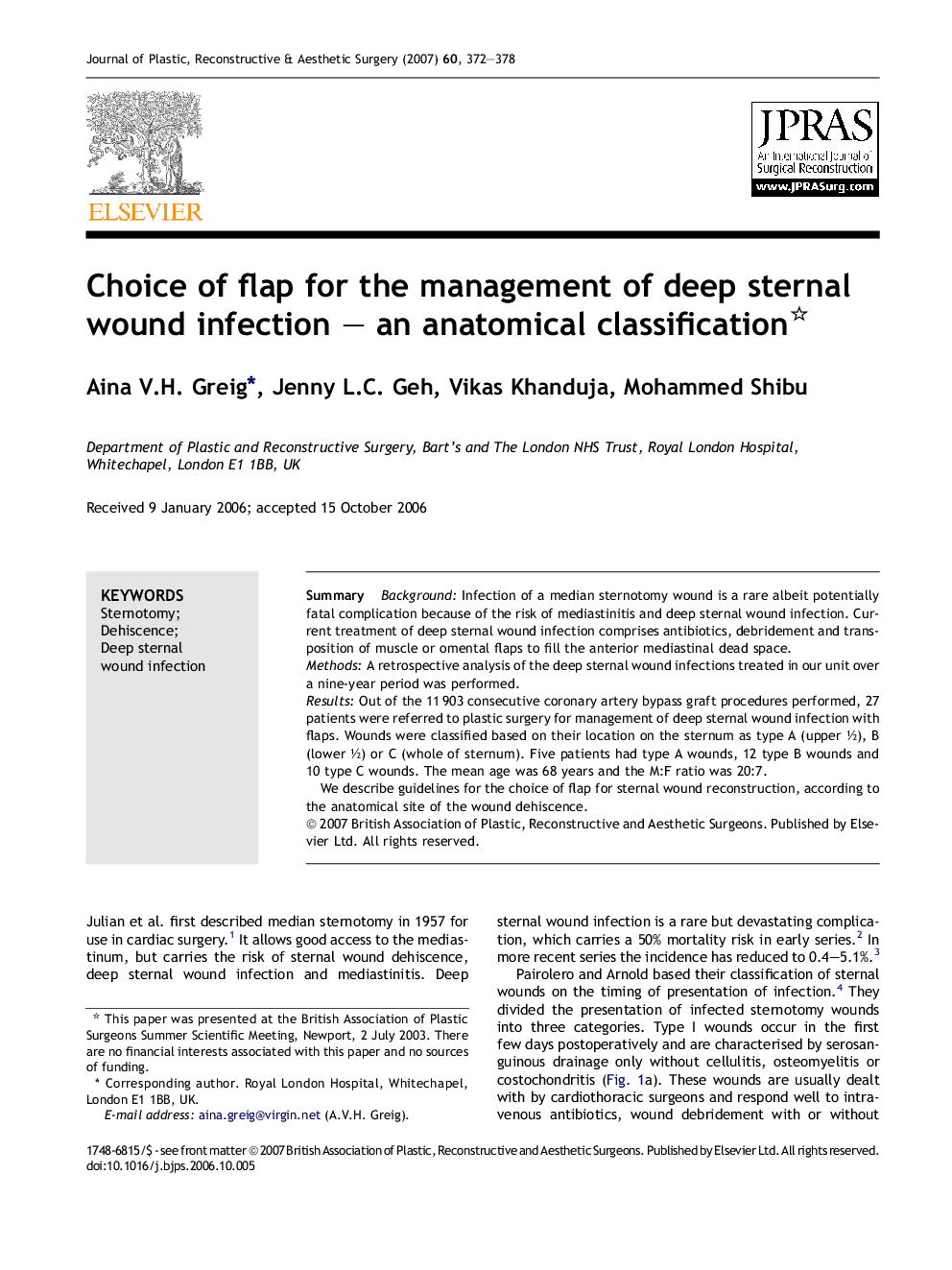 Choice of flap for the management of deep sternal wound infection – an anatomical classification 