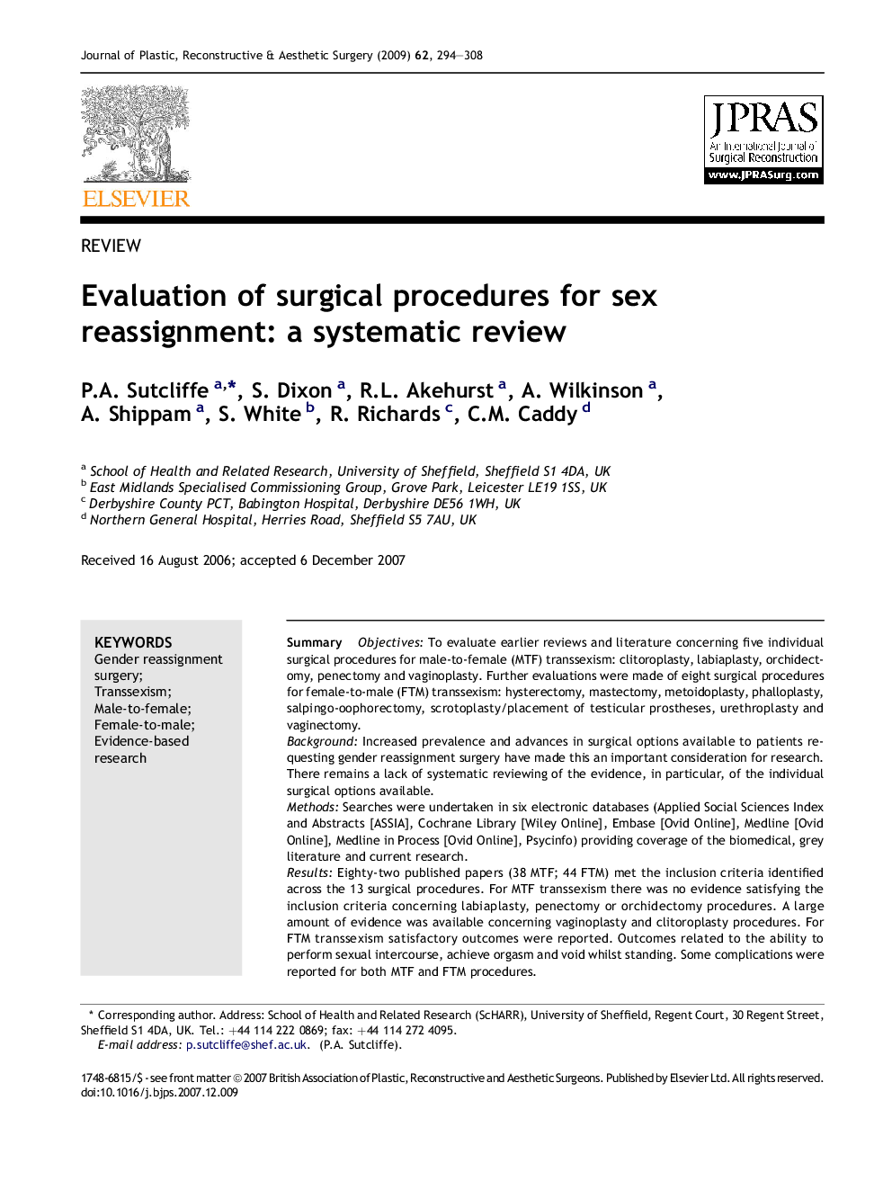 Evaluation of surgical procedures for sex reassignment: a systematic review