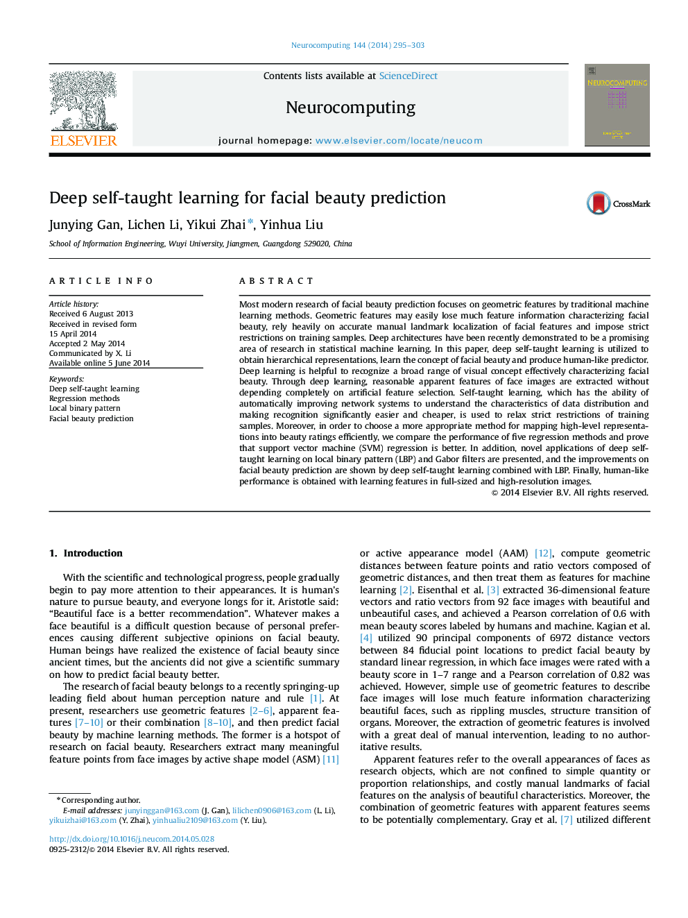 Deep self-taught learning for facial beauty prediction