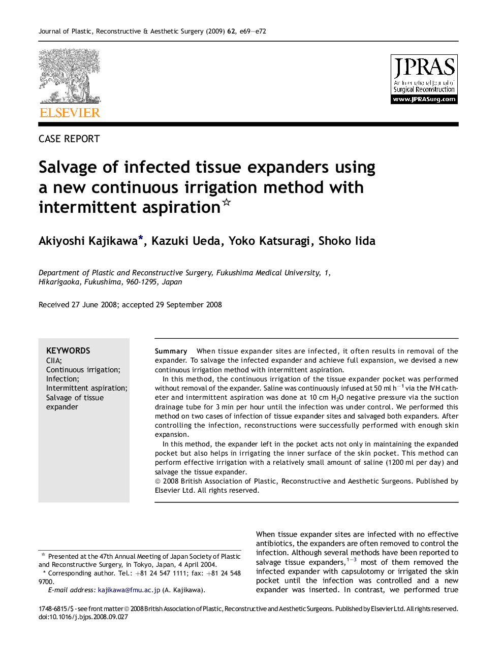 Salvage of infected tissue expanders using a new continuous irrigation method with intermittent aspiration 