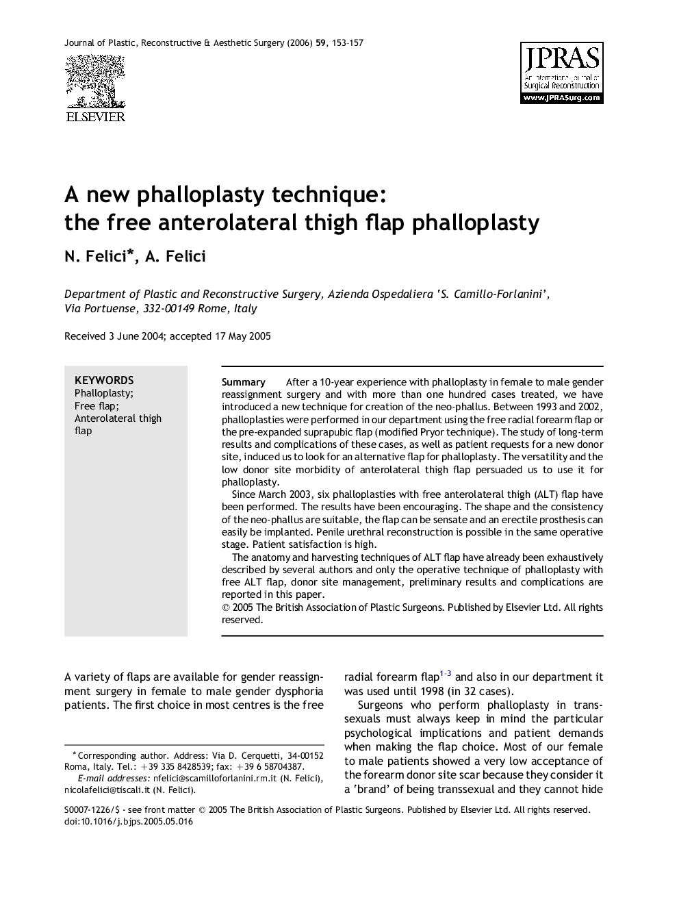 A new phalloplasty technique: the free anterolateral thigh flap phalloplasty