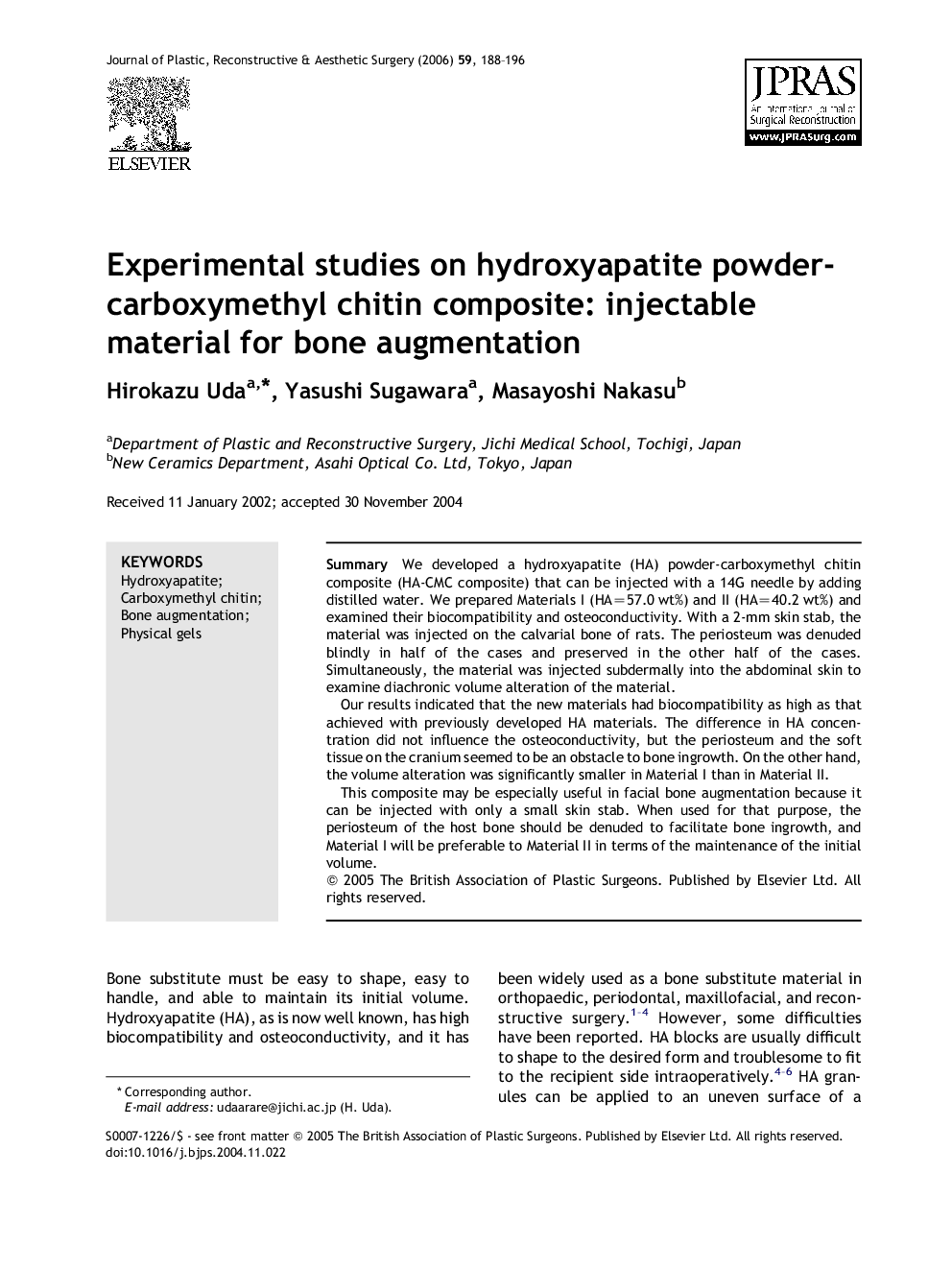 Experimental studies on hydroxyapatite powder-carboxymethyl chitin composite: injectable material for bone augmentation