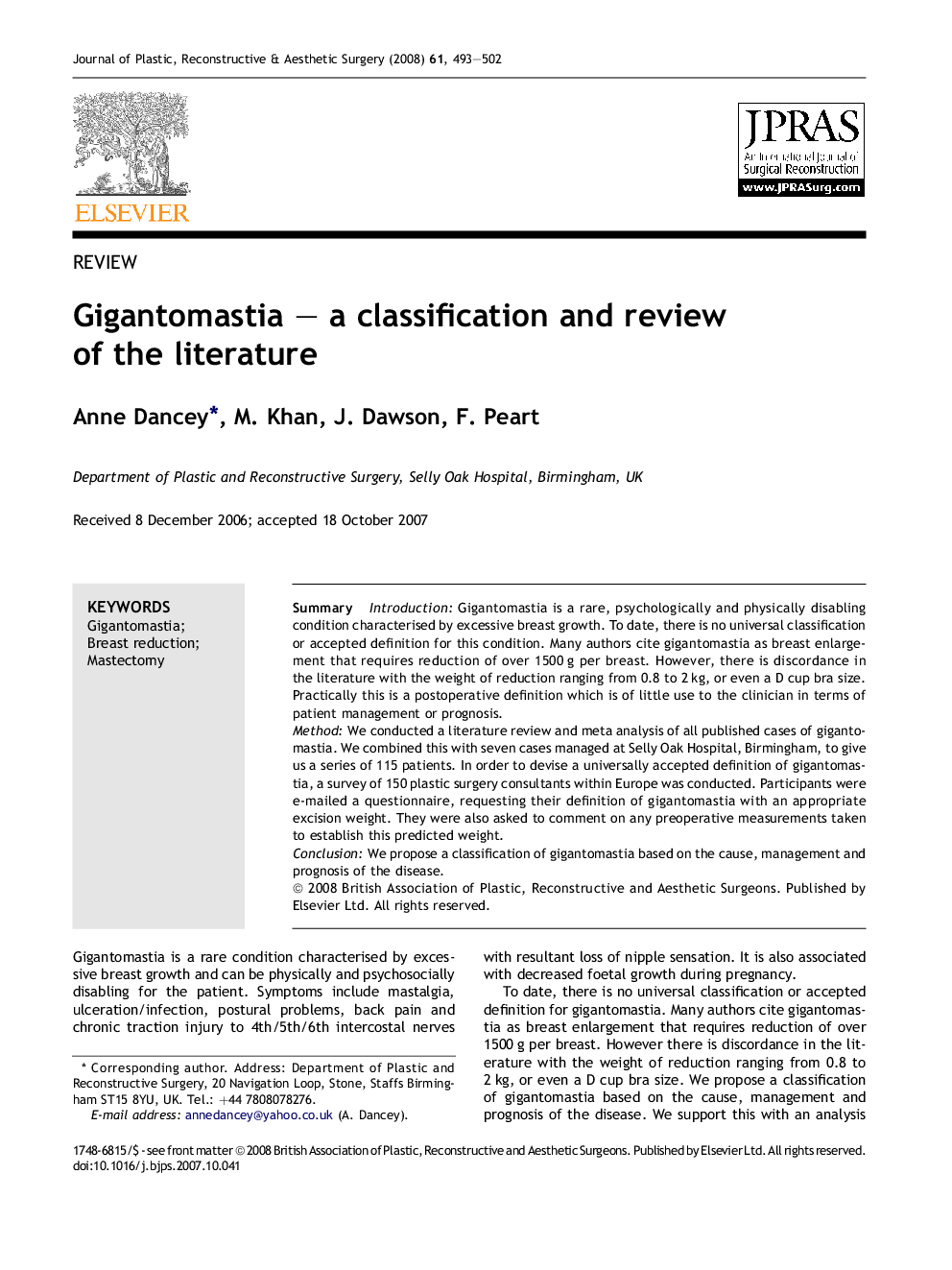 Gigantomastia – a classification and review of the literature