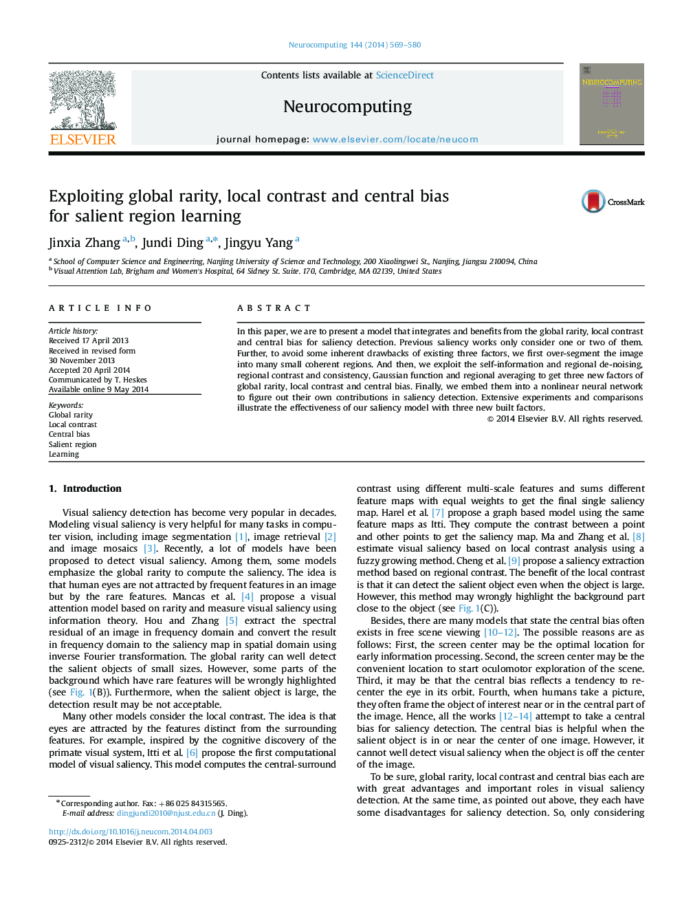 Exploiting global rarity, local contrast and central bias for salient region learning