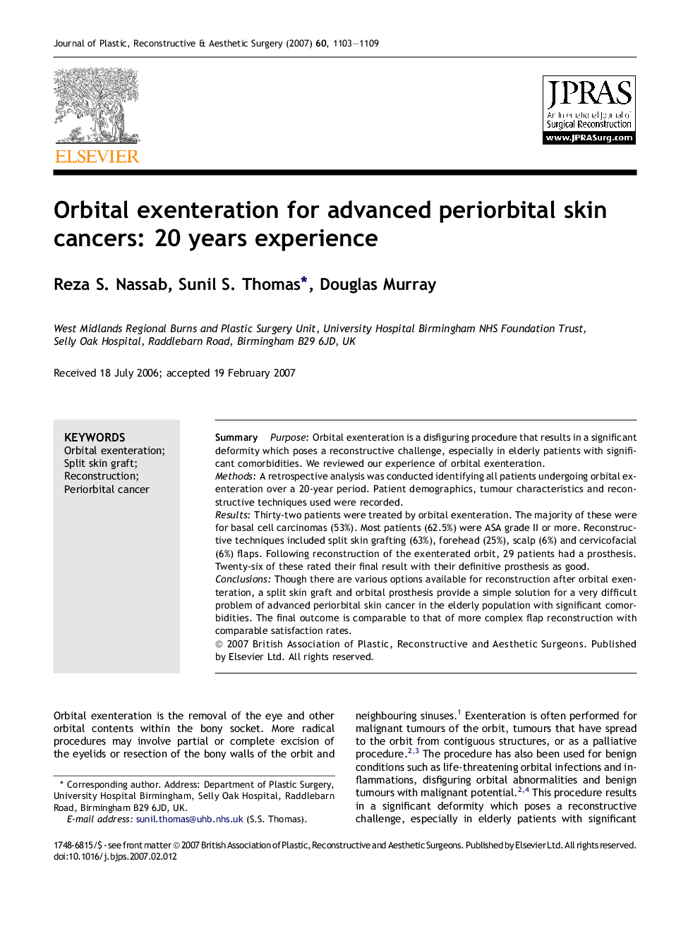 Orbital exenteration for advanced periorbital skin cancers: 20 years experience