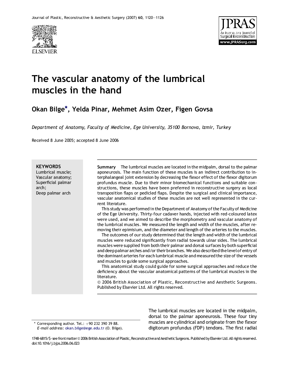 The vascular anatomy of the lumbrical muscles in the hand