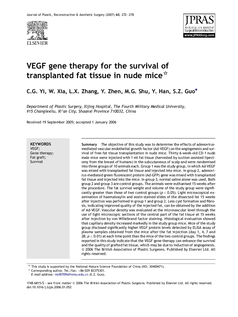 VEGF gene therapy for the survival of transplanted fat tissue in nude mice 