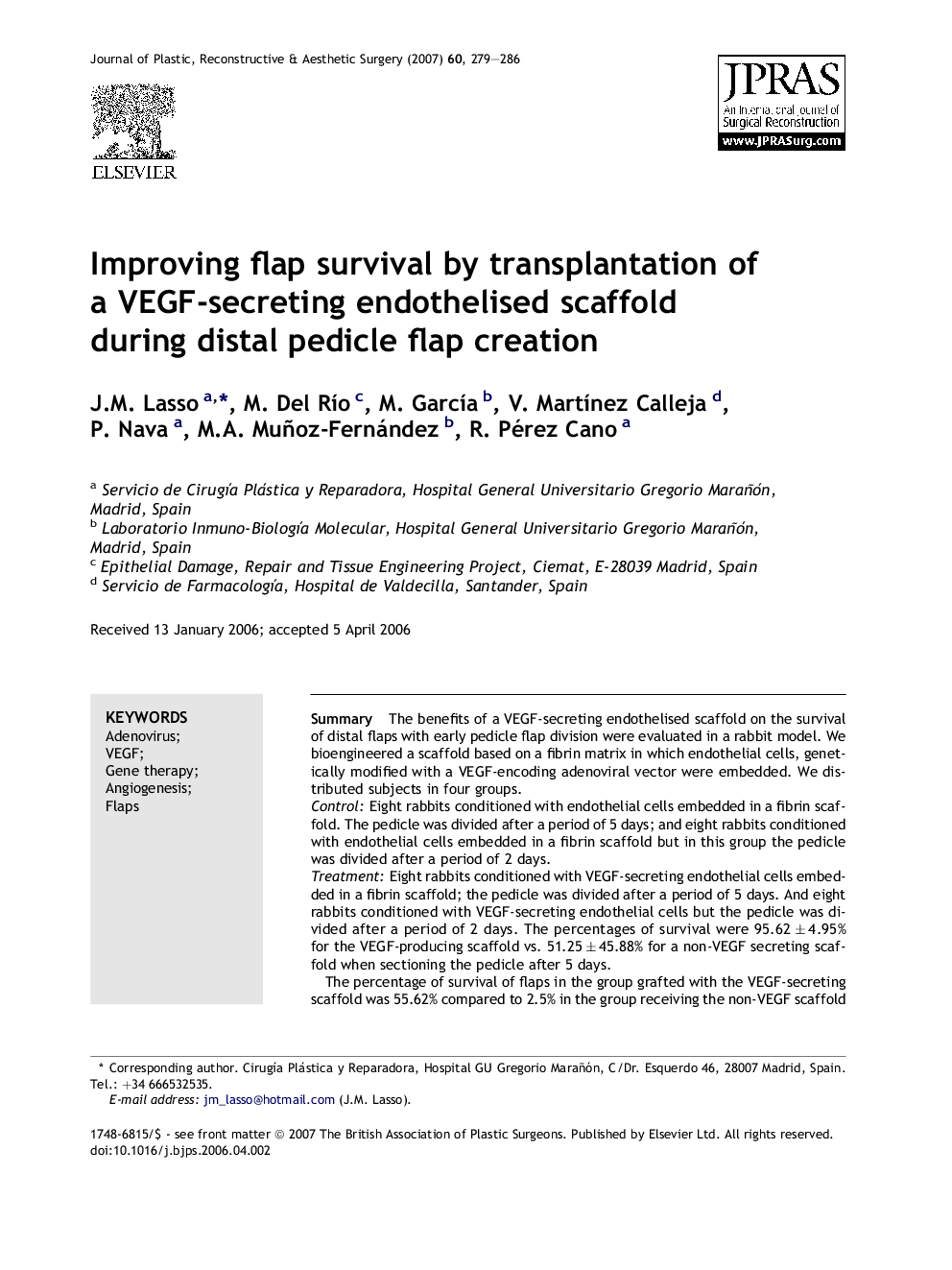 Improving flap survival by transplantation of a VEGF-secreting endothelised scaffold during distal pedicle flap creation