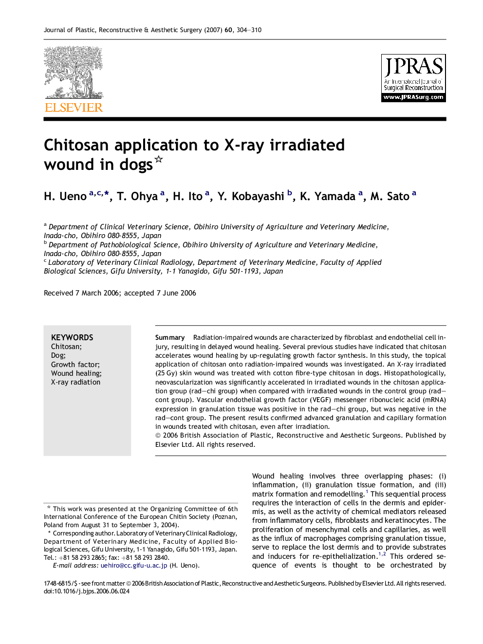 Chitosan application to X-ray irradiated wound in dogs