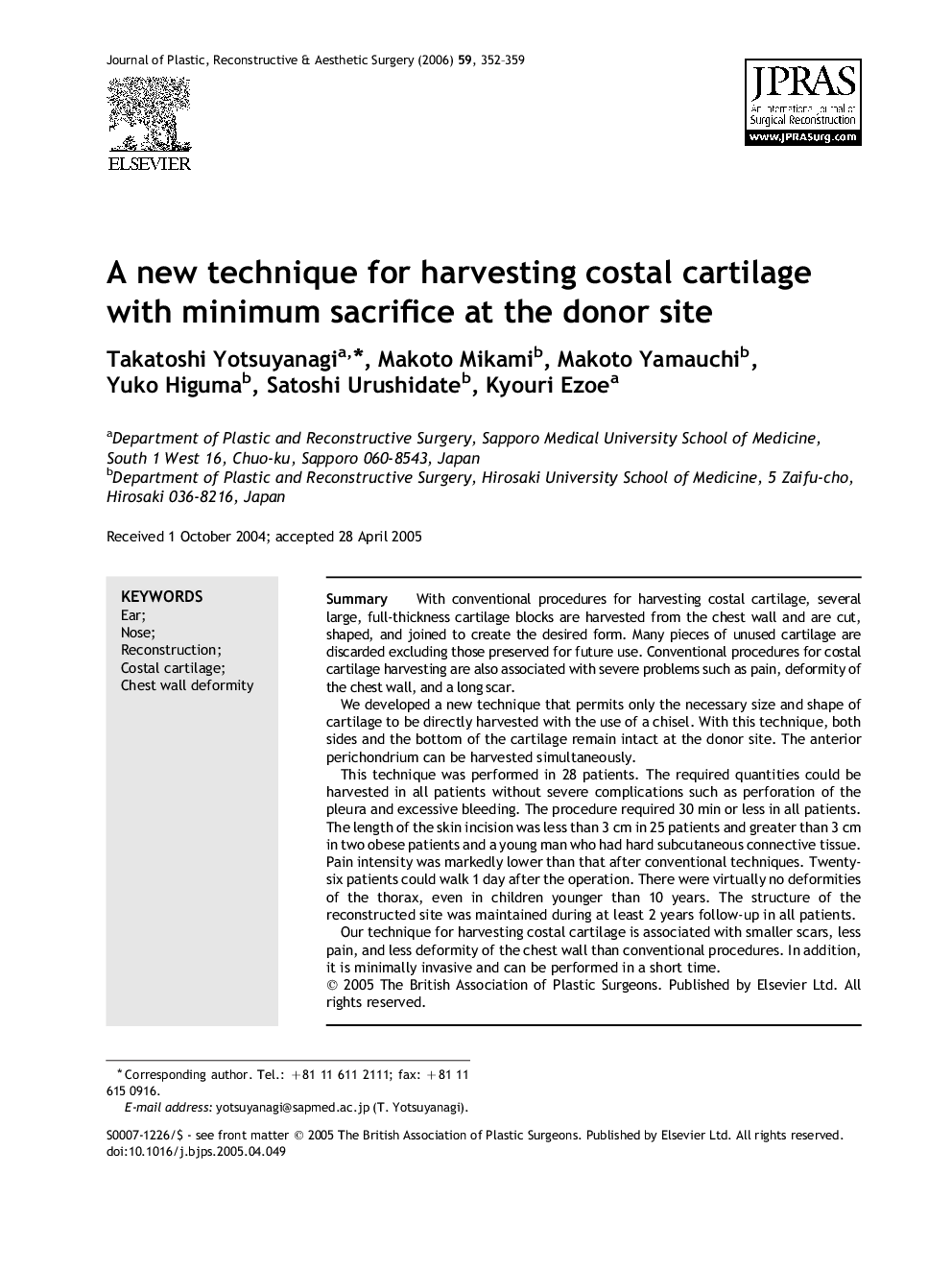 A new technique for harvesting costal cartilage with minimum sacrifice at the donor site