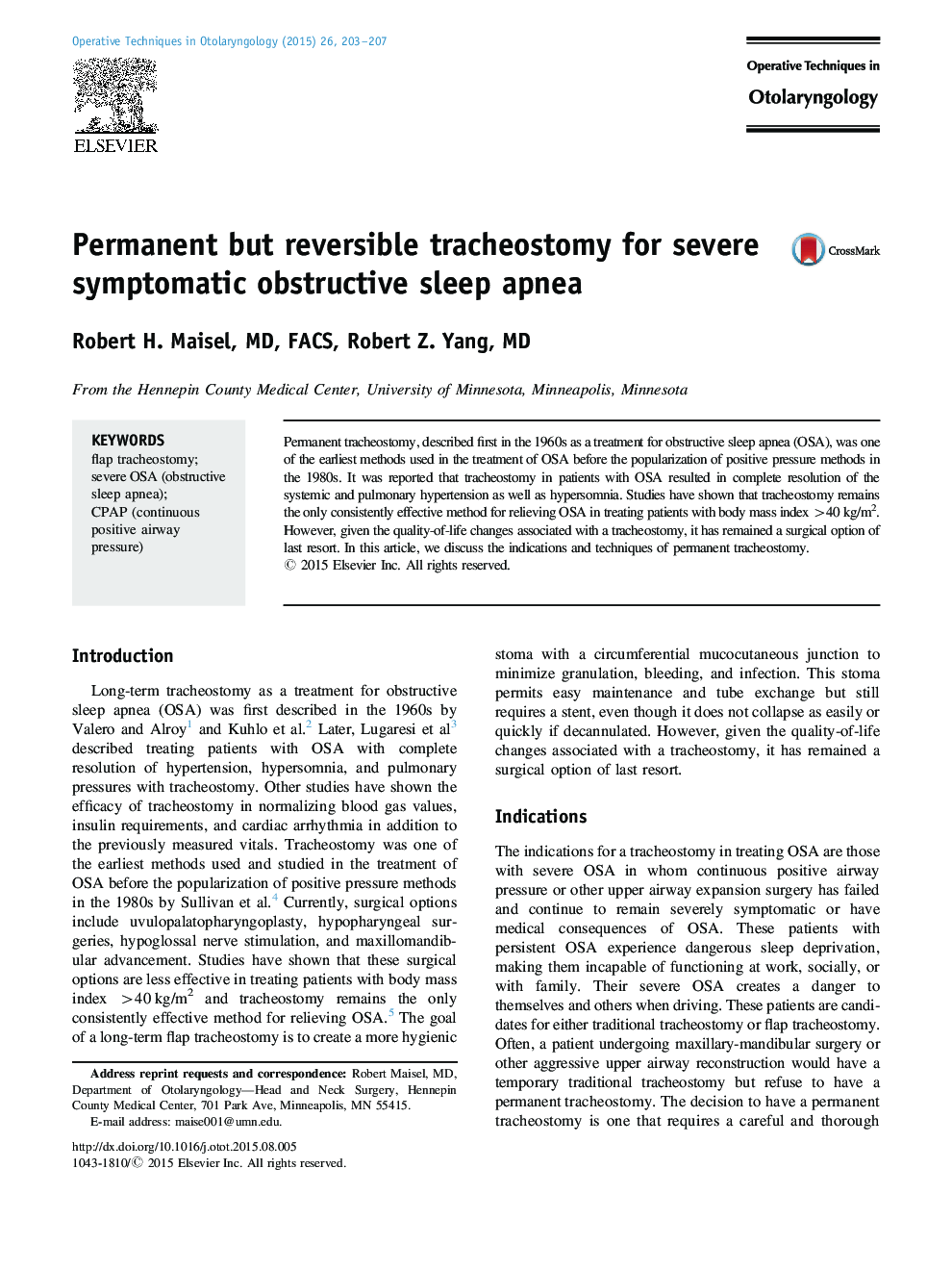 Permanent but reversible tracheostomy for severe symptomatic obstructive sleep apnea