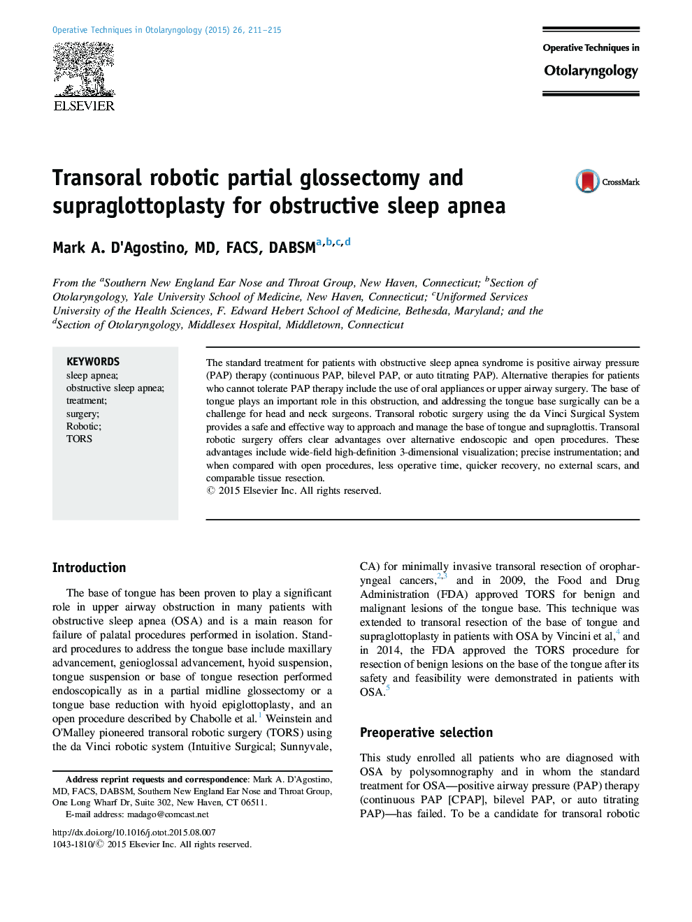 Transoral robotic partial glossectomy and supraglottoplasty for obstructive sleep apnea