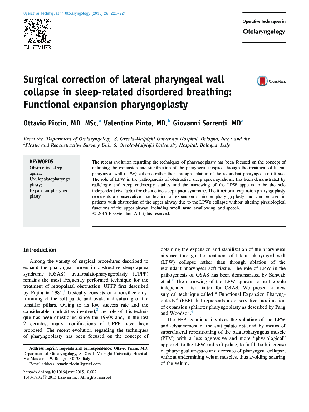 Surgical correction of lateral pharyngeal wall collapse in sleep-related disordered breathing: Functional expansion pharyngoplasty