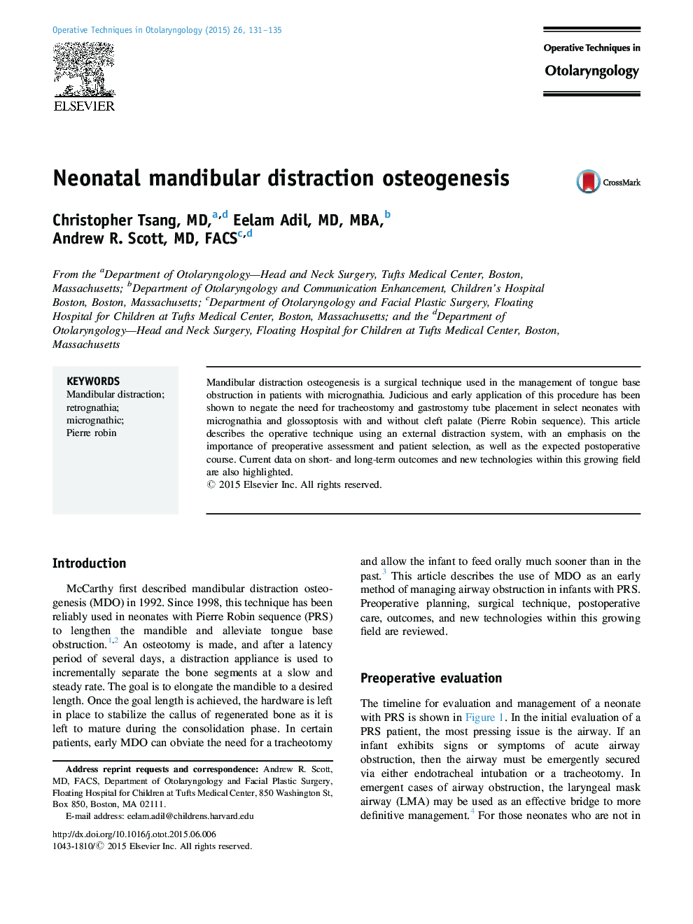 Neonatal mandibular distraction osteogenesis