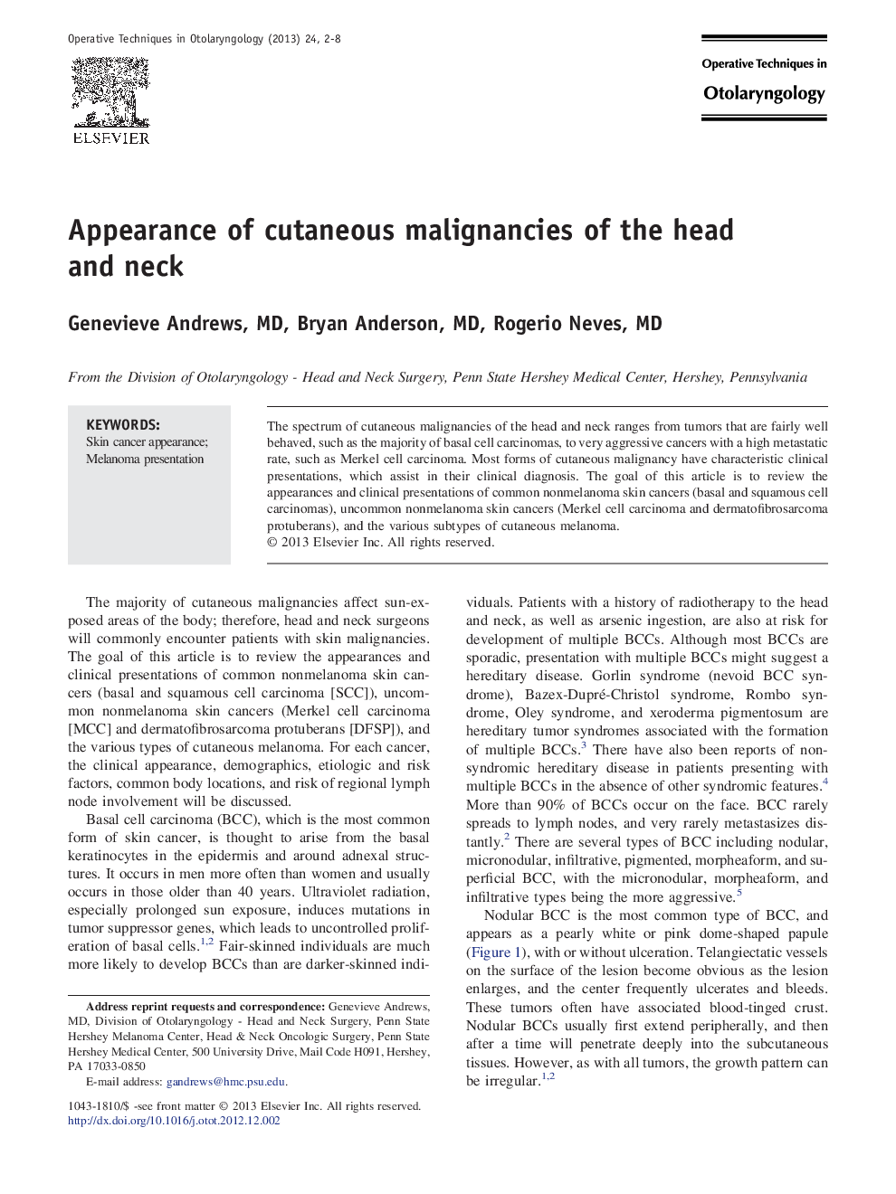 Appearance of cutaneous malignancies of the head and neck