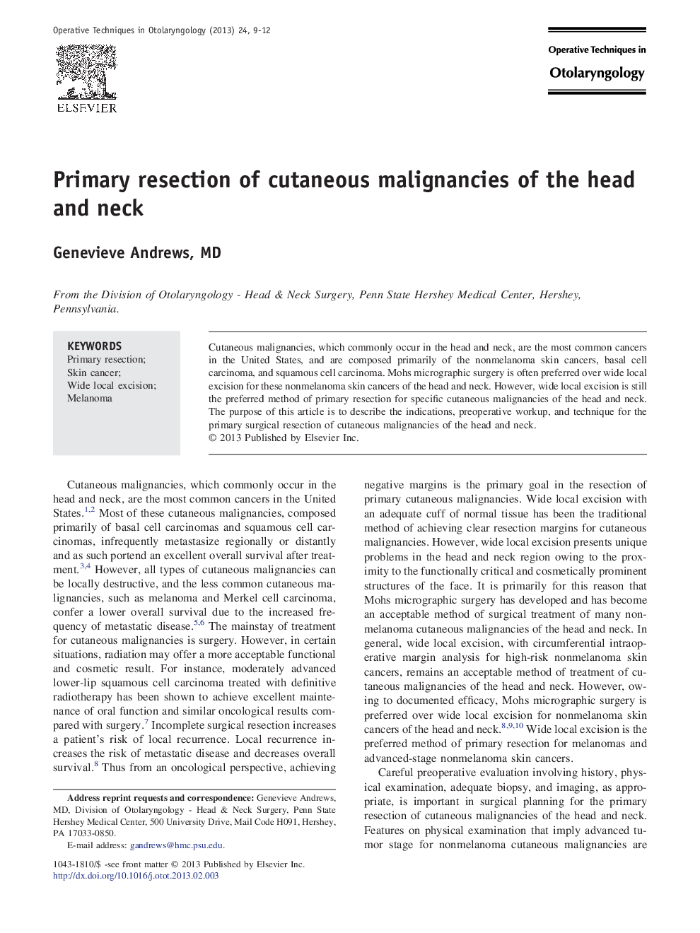 Primary resection of cutaneous malignancies of the head and neck
