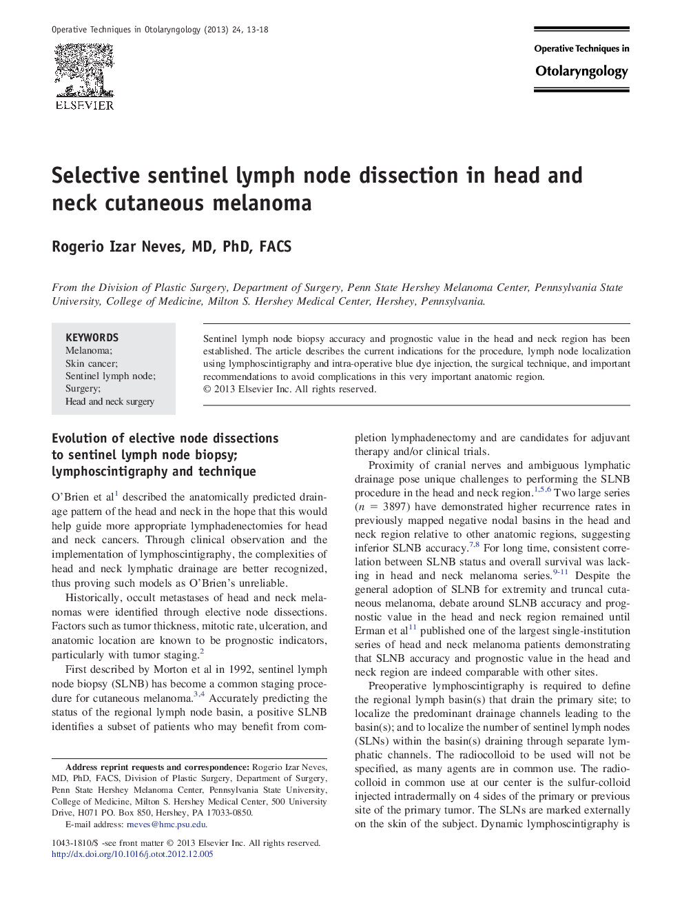 Selective sentinel lymph node dissection in head and neck cutaneous melanoma