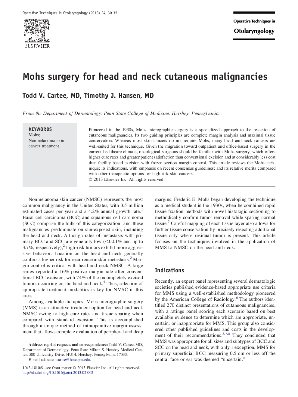 Mohs surgery for head and neck cutaneous malignancies