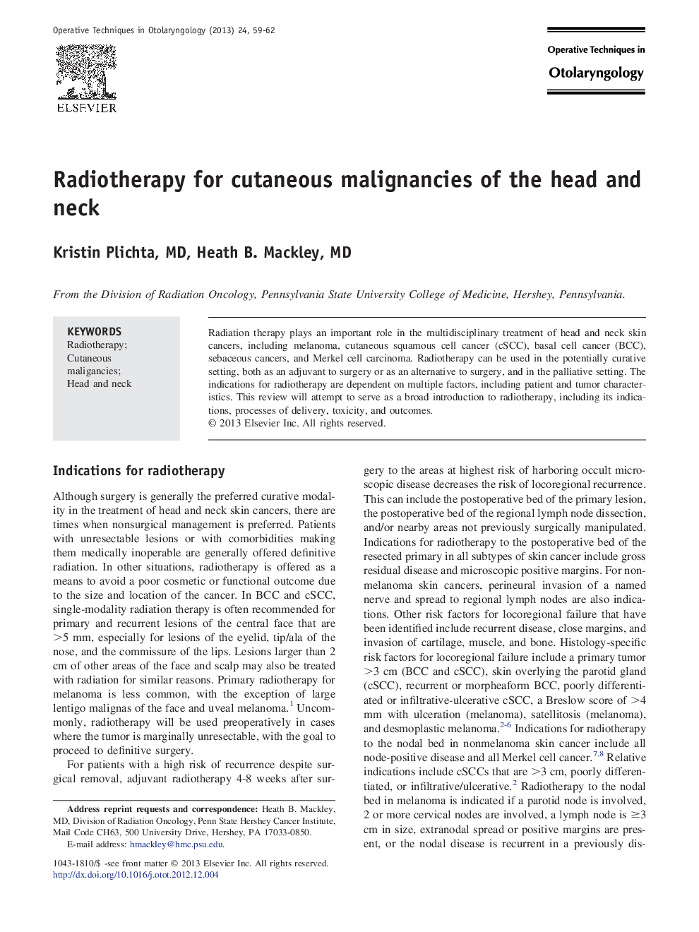 Radiotherapy for cutaneous malignancies of the head and neck