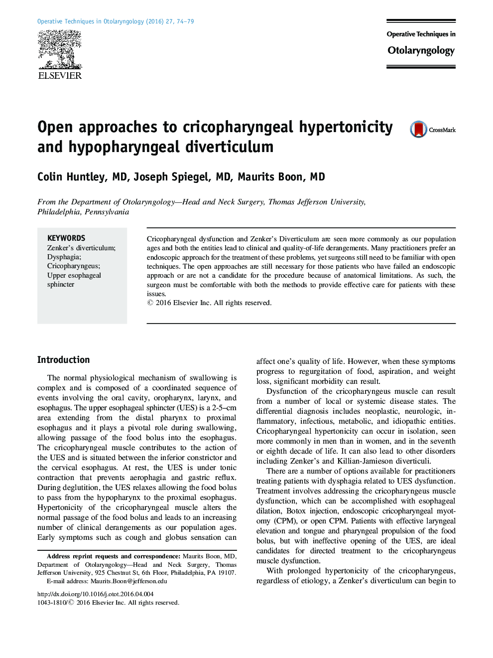 Open approaches to cricopharyngeal hypertonicity and hypopharyngeal diverticulum