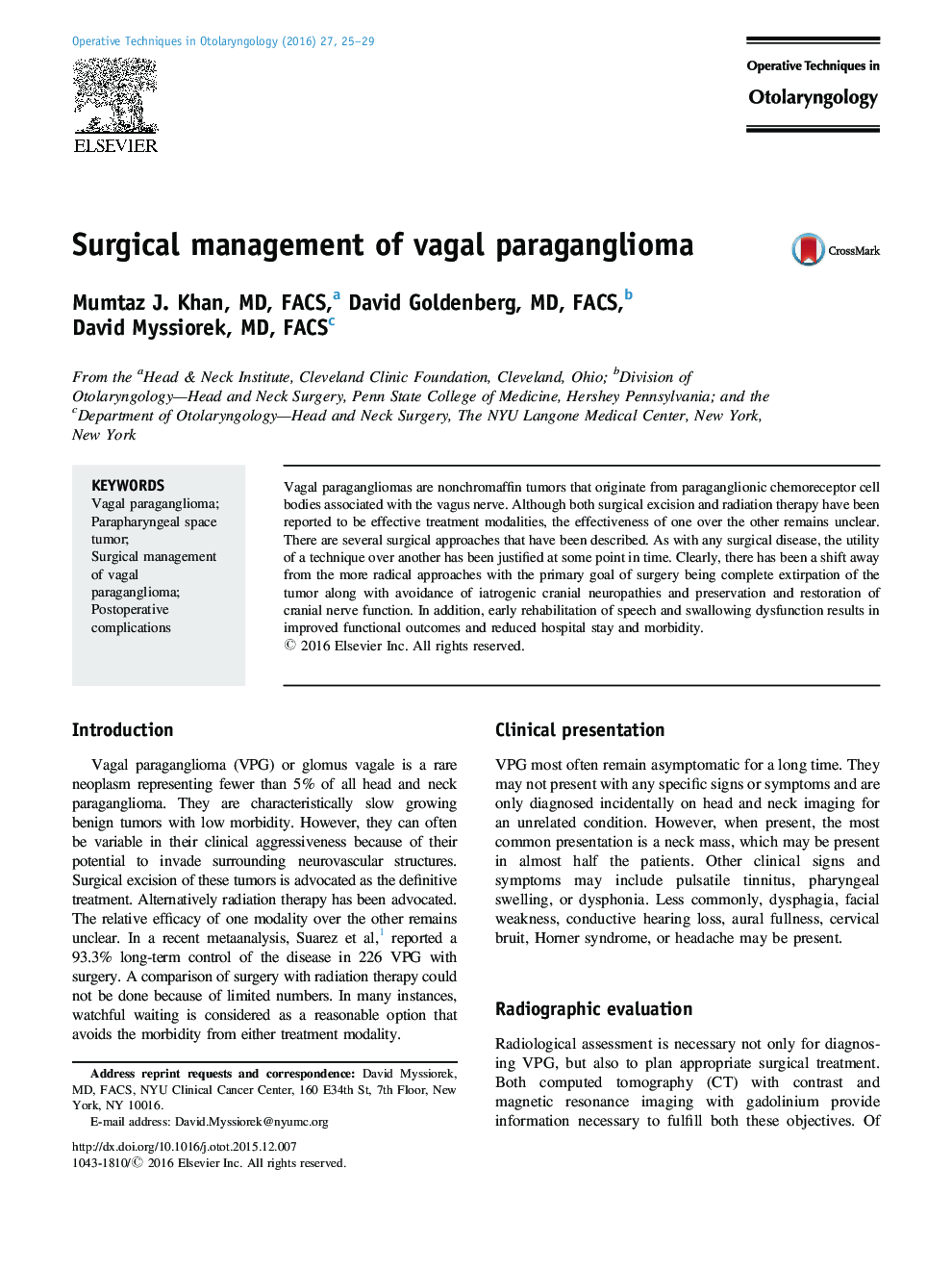 Surgical management of vagal paraganglioma