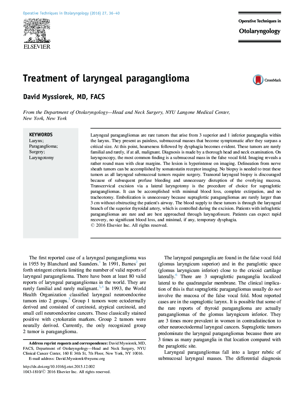 Treatment of laryngeal paraganglioma