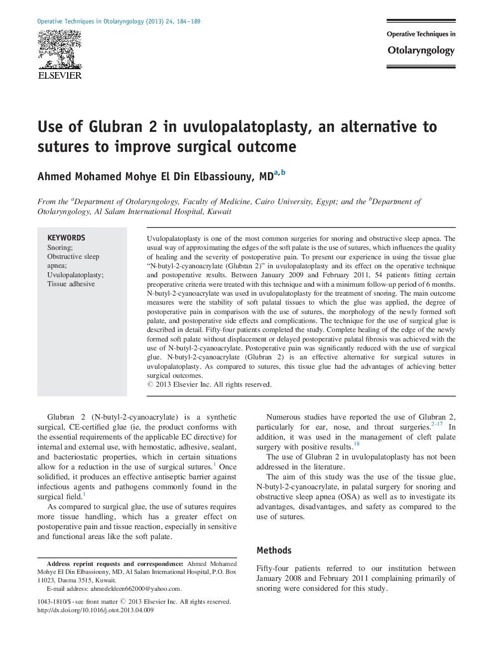 Use of Glubran 2 in uvulopalatoplasty, an alternative to sutures to improve surgical outcome