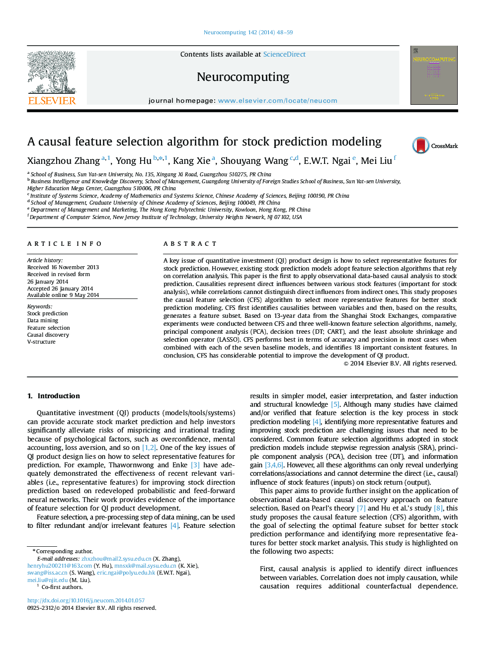 A causal feature selection algorithm for stock prediction modeling