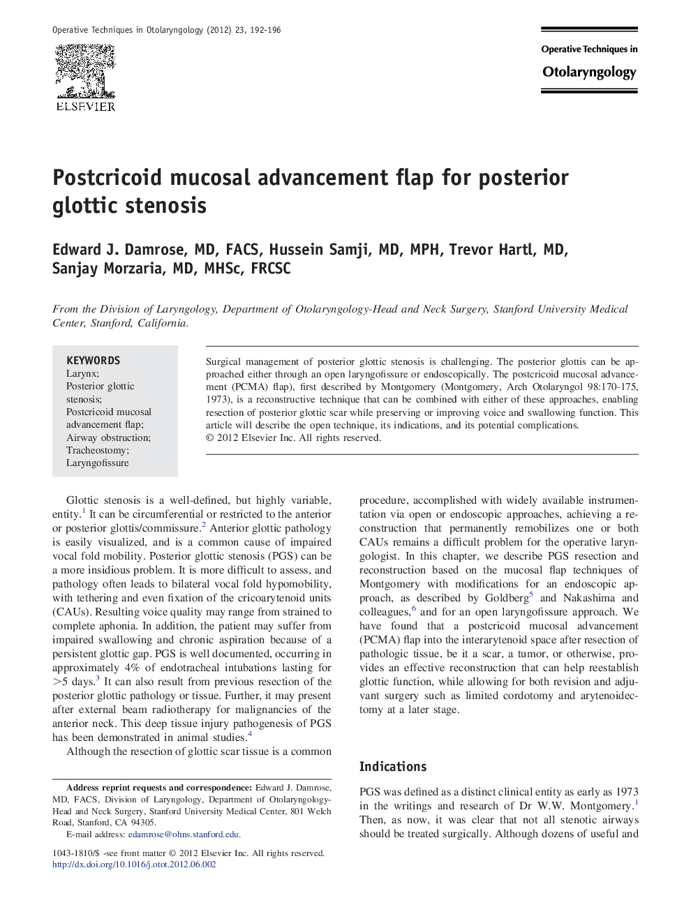 Postcricoid mucosal advancement flap for posterior glottic stenosis