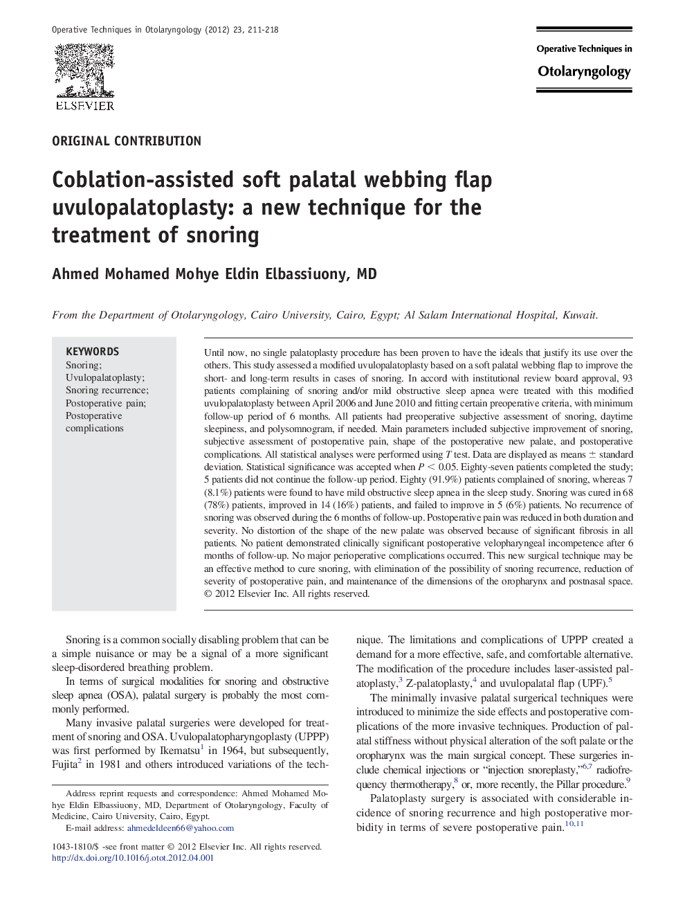 Coblation-assisted soft palatal webbing flap uvulopalatoplasty: a new technique for the treatment of snoring