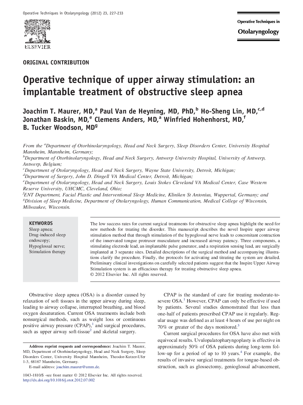 Operative technique of upper airway stimulation: an implantable treatment of obstructive sleep apnea