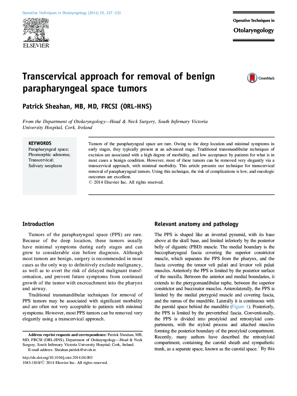 Transcervical approach for removal of benign parapharyngeal space tumors