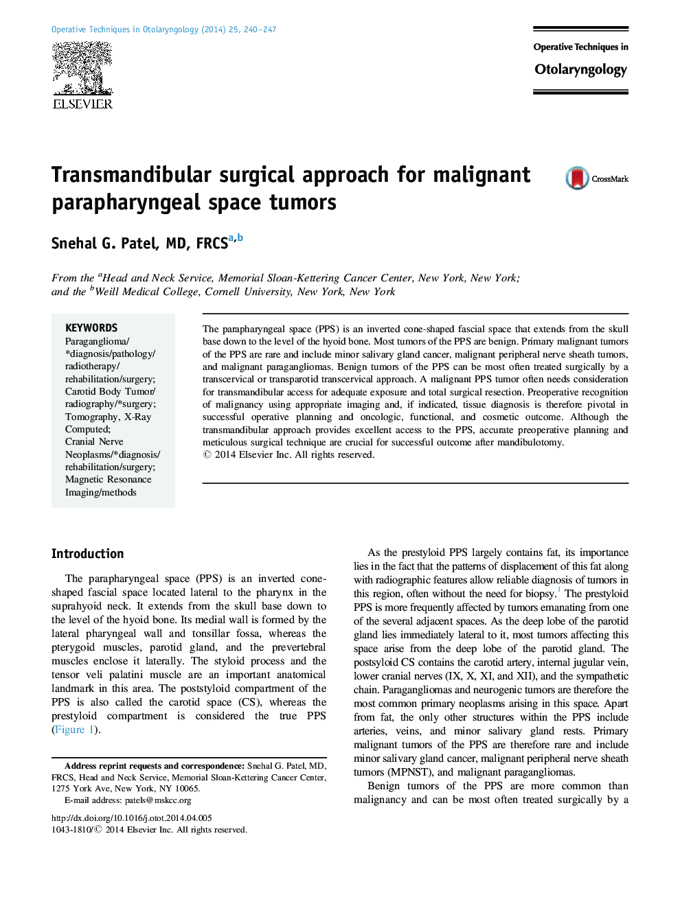 Transmandibular surgical approach for malignant parapharyngeal space tumors