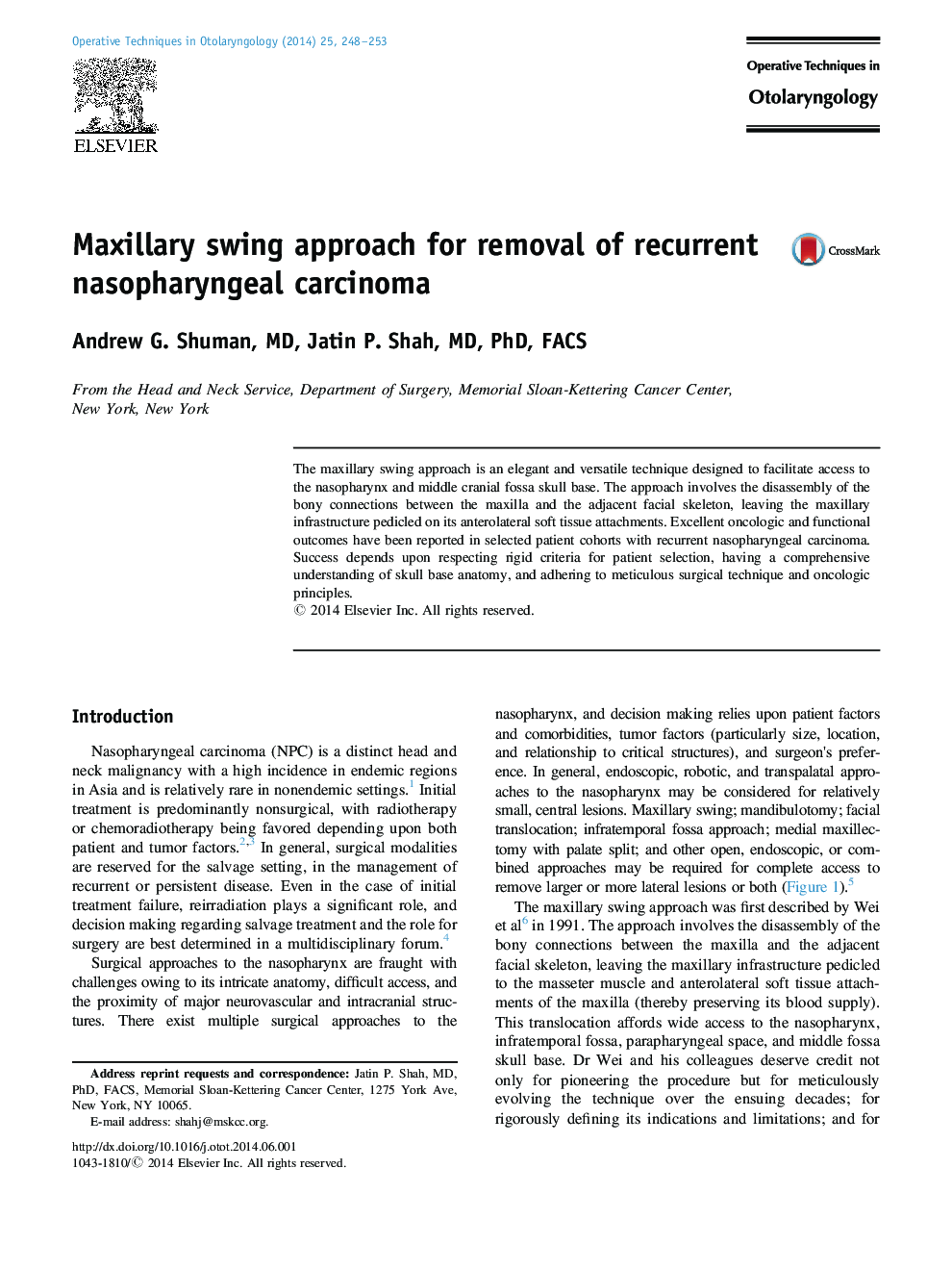 Maxillary swing approach for removal of recurrent nasopharyngeal carcinoma