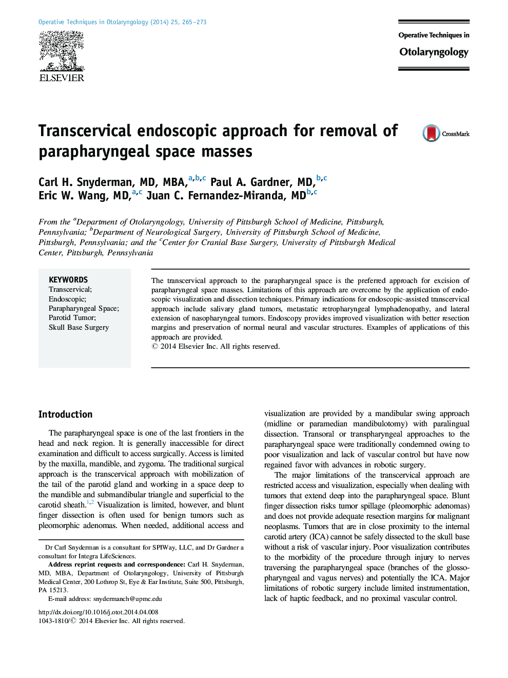 Transcervical endoscopic approach for removal of parapharyngeal space masses 